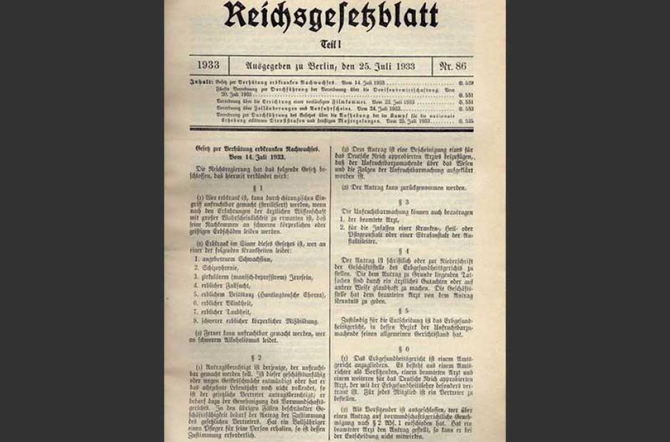 Reichsgesetzblatt vom 25. Juli 1933, indem das "Gesetz zur Verhütung erbkranken Nachwuchses " veröffentlicht wird